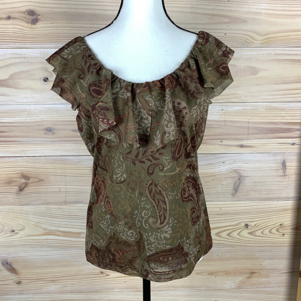 American Living Blouse Women Large Green Paisley Mesh Ruffle Top Dark Fairy Boho